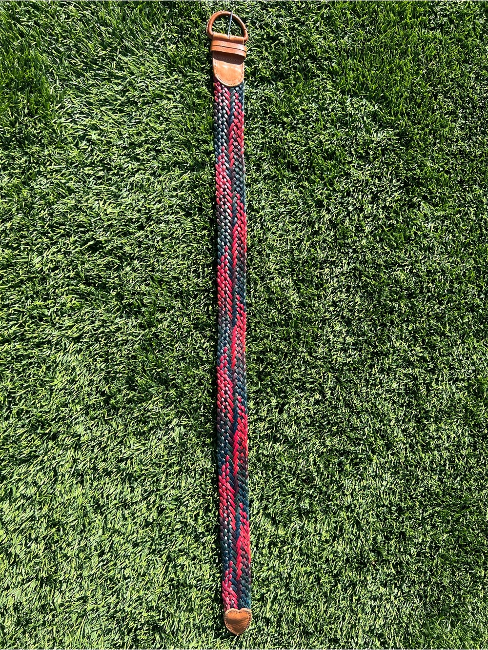 Woven Red and Black Braided Belt with Tan Leather Accents